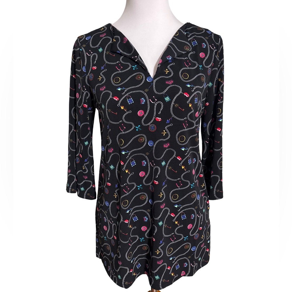 Nicole Miller Black Multicolor Pattern Blouse